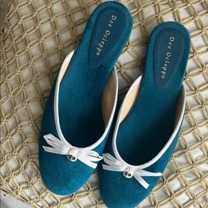 Teal Slippers with White Bow